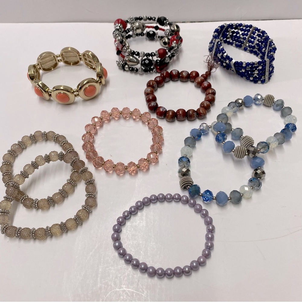 Stretchy Bracelets Blue Pink Purple Red Black Coral Wood Bead Lot of 10